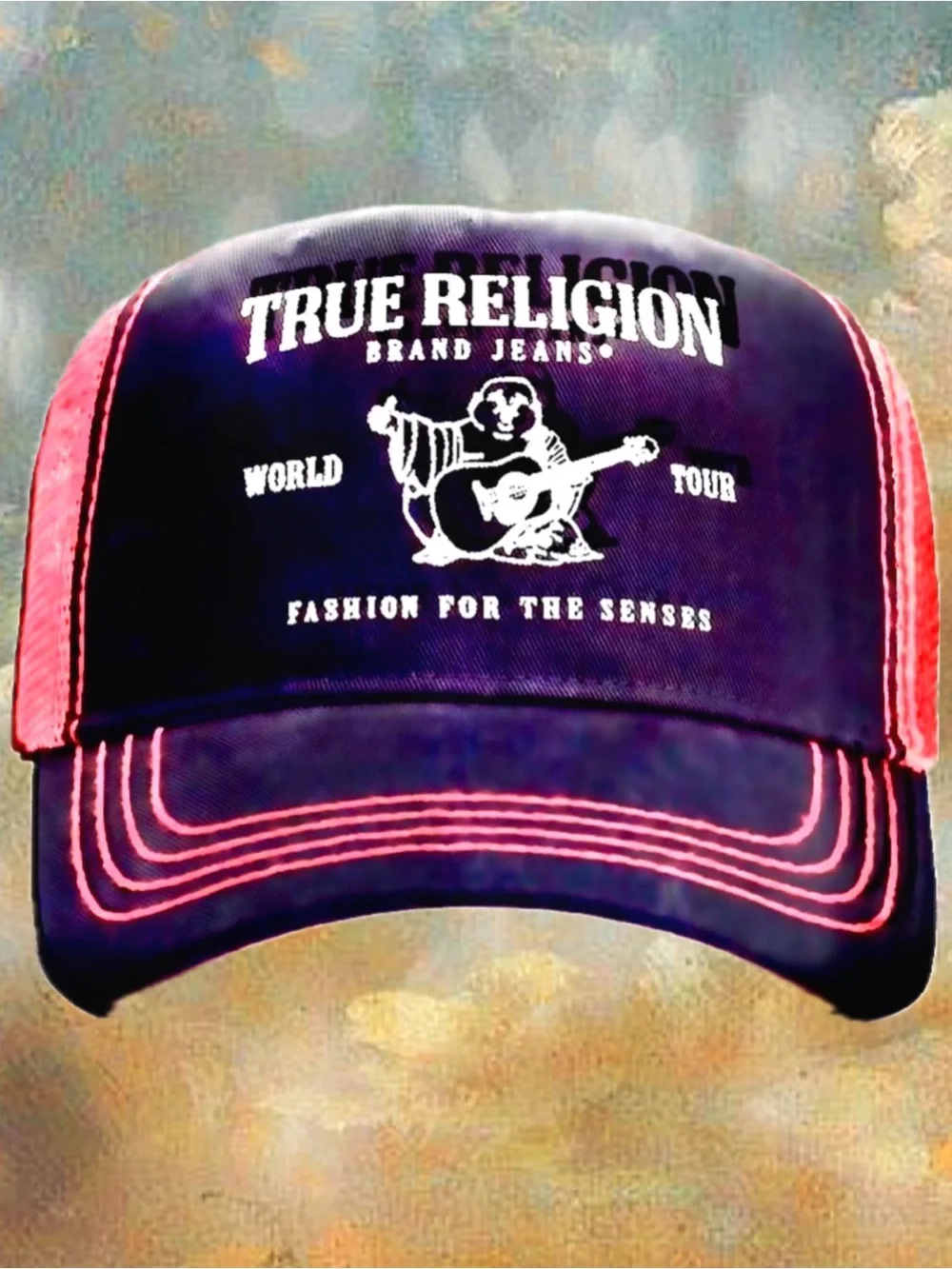 True Religion Buddha Black and Red Embroidered Trucker Cap